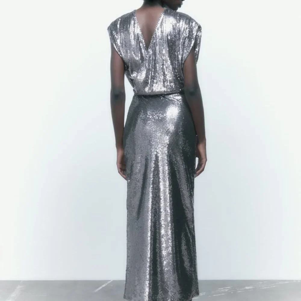 NWT ZARA LONG SEQUIN DRESS  SILVER - REF. 9324/597 XS